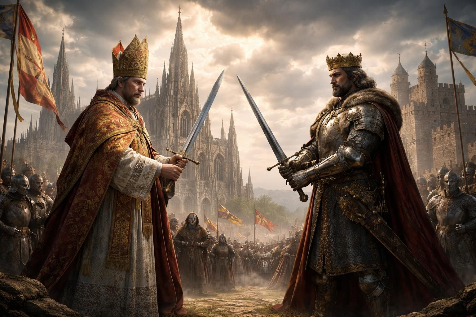 explorez les implications politiques de la théorie des deux glaives dans l'europe médiévale, analysant son impact sur la gouvernance, les relations entre l'église et l'état, et les conflits de pouvoir.
